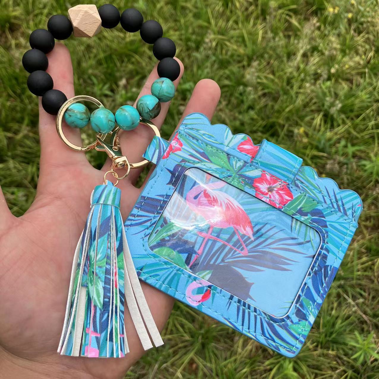 Wholesale Card Holder Pu Tassel Beads Bracelet Wallet Keychain